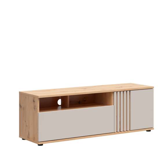 Tv-benk BREVAS 135x46 cm - 1 dør - 1 skuff - cashmere - eik artisan
