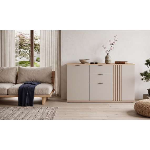 Skjenk BREVAS 150x87 cm - 3 dør - 2 skuffer - cashmere - eik artisan