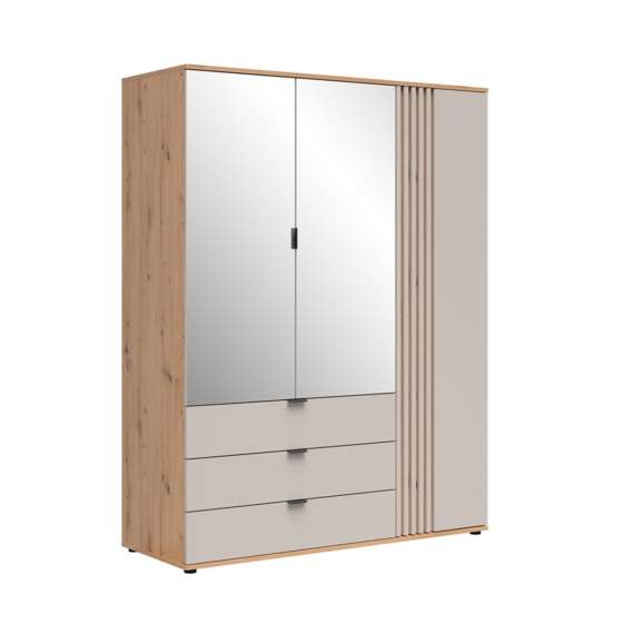 Garderobeskap BREVAS 150x196 cm - 3 dører - 3 skuffer - cashmere - eik artisan