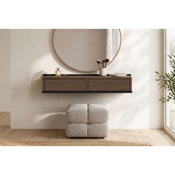 Vegghengt sminkebord ZENAR - 100x19 cm - valnøtt elegant - svart matt - 2 skuffer