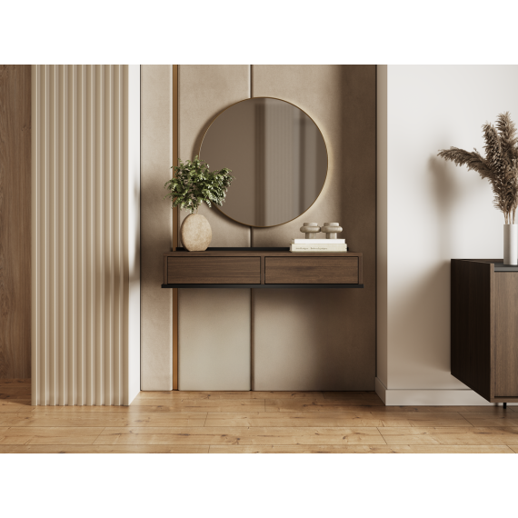Vegghengt sminkebord ZENAR - 100x19 cm - valnøtt elegant - svart matt - 2 skuffer