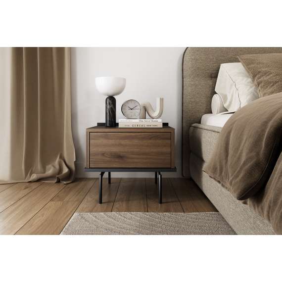 Nattbord ZENAR 50x42 cm - valnøtt elegant - svart matt - med skuff