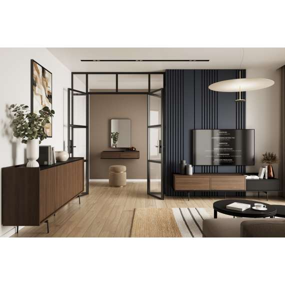 Tv-benk ZENAR 200x47 cm - valnøtt elegant - svart matt - 2 dører - 1 skuff