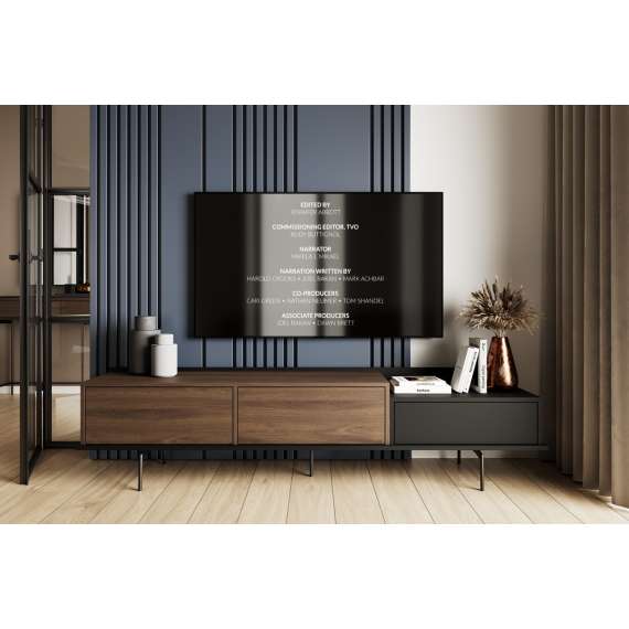 Tv-benk ZENAR 200x47 cm - valnøtt elegant - svart matt - 2 dører - 1 skuff