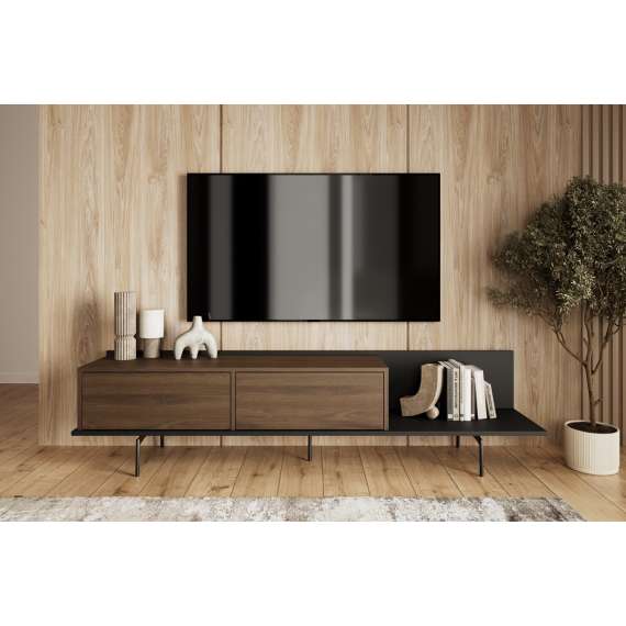 Tv-benk ZENAR 200x47 cm - valnøtt elegant - svart matt - 2 dører