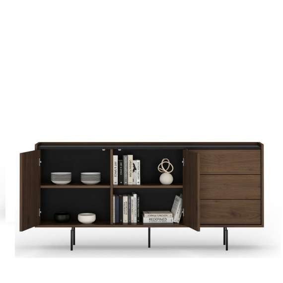 Skjenk ZENAR 170x78 cm - valnøtt elegant - svart matt - 2 dører - 3 skuffer