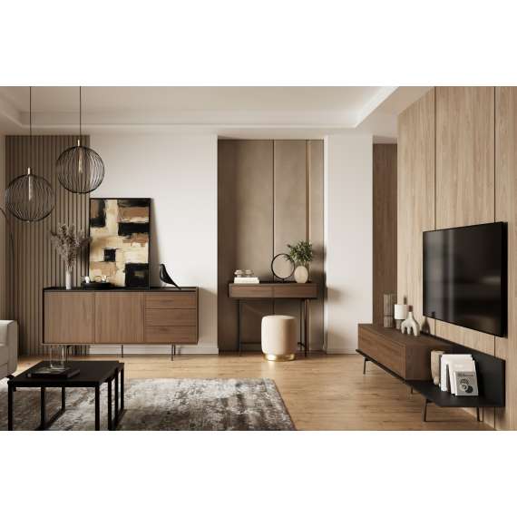 Skjenk ZENAR 170x78 cm - valnøtt elegant - svart matt - 2 dører - 3 skuffer