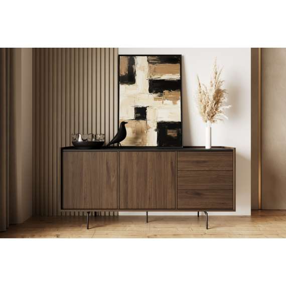 Skjenk ZENAR 170x78 cm - valnøtt elegant - svart matt - 2 dører - 3 skuffer