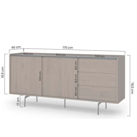 Skjenk ZENAR 170x78 cm - valnøtt elegant - svart matt - 2 dører - 3 skuffer