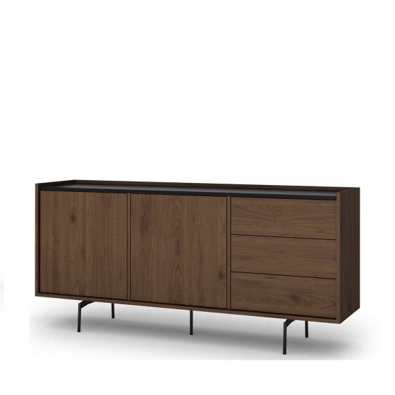 Skjenk ZENAR 170x78 cm - valnøtt elegant - svart matt - 2 dører - 3 skuffer