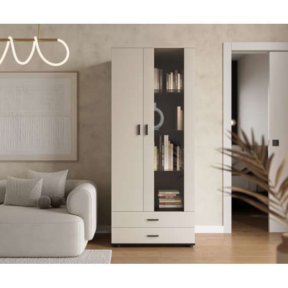 Vitrineskap SOHO 80x192 cm - cashmere - svart matt - 2 dører - 2 skuffer