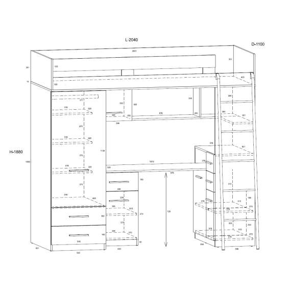 Loftseng Smiki 204 cm - skrivebord/oppbevaring