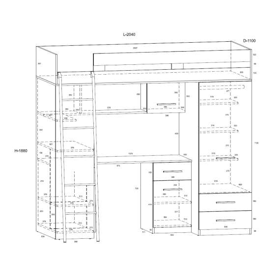 Loftseng Smiki 204 cm - skrivebord/oppbevaring