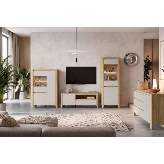 Tv-benk SAWIRA 161x64 cm - 1 dør - 1 skuff - eik mauvella - cashmere