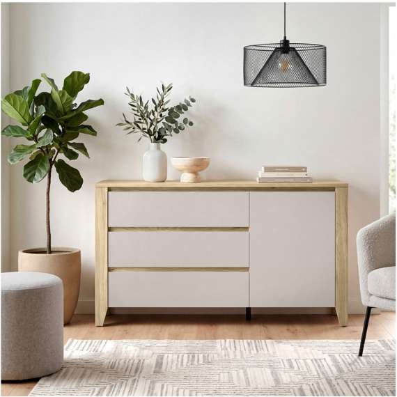 Skjenk SAWIRA 160x90 cm - 3 skuffer - 1 dør - eik mauvella - cashmere