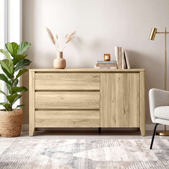 Skjenk SAWIRA 160x90 cm - 3 skuffer - 1 dør - eik mauvella