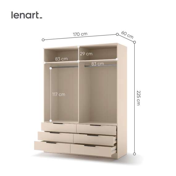 Garderobeskap AVERA 170x225 cm - beige sand - 6 skuffer