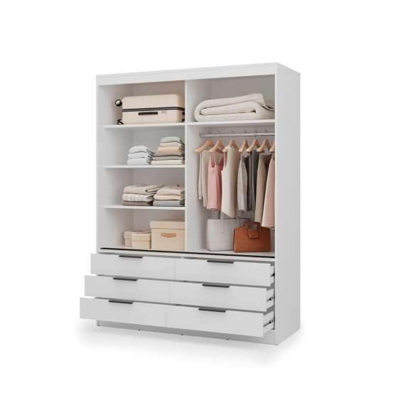 Garderobeskap KERA 170x225 cm - hvit matt - skyvedører - 6 skuffer