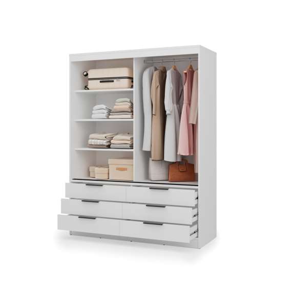 Garderobeskap KERA 170x225 cm - hvit matt - skyvedører - 6 skuffer