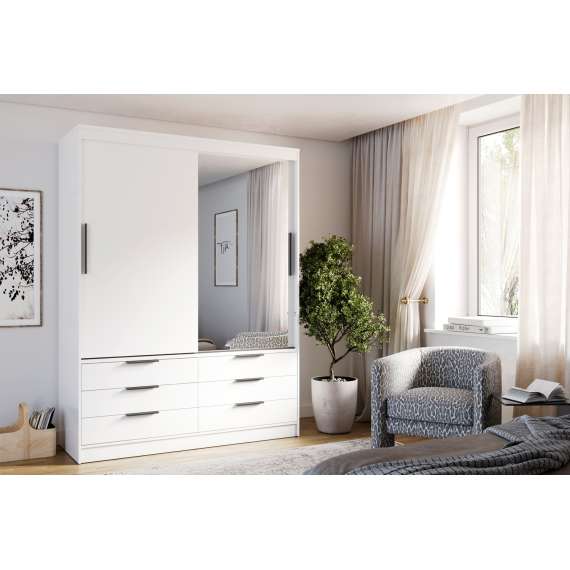 Garderobeskap KERA 170x225 cm - hvit matt - skyvedører - 6 skuffer