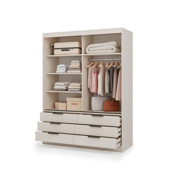 Garderobeskap KERA 170x225 cm - beige sand - skyvedører - 6 skuffer