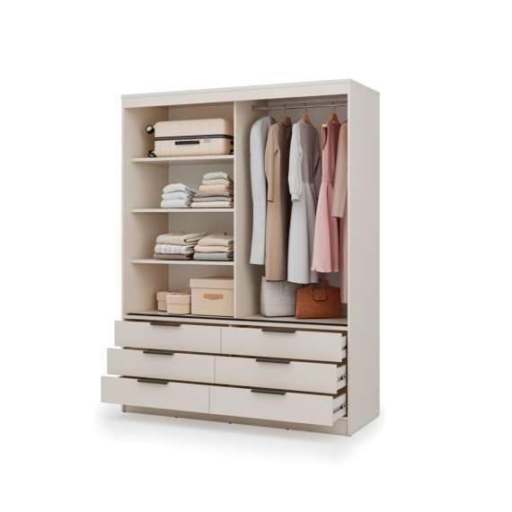 Garderobeskap KERA 170x225 cm - beige sand - skyvedører - 6 skuffer