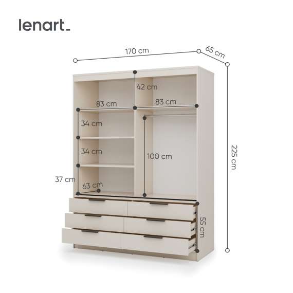 Garderobeskap KERA 170x225 cm - beige sand - skyvedører - 6 skuffer