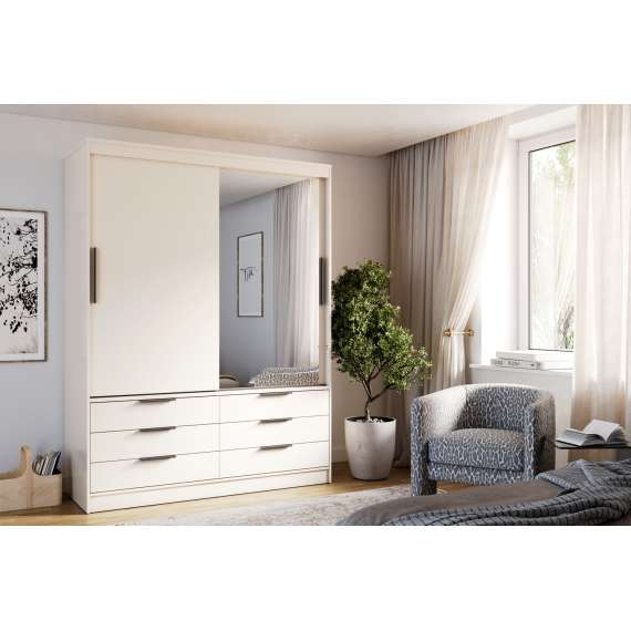 Garderobeskap KERA 170x225 cm - beige sand - skyvedører - 6 skuffer