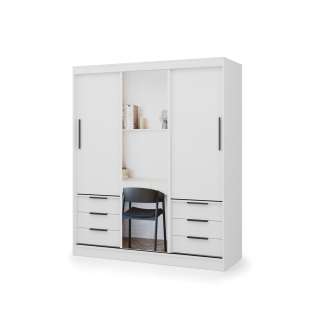 Garderobeskap VIRA 180x215 cm - hvit matt - skyvedører - 6 skuffer