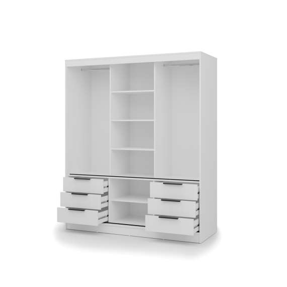 Garderobeskap VIRA 180x215 cm - hvit matt - skyvedører - 6 skuffer