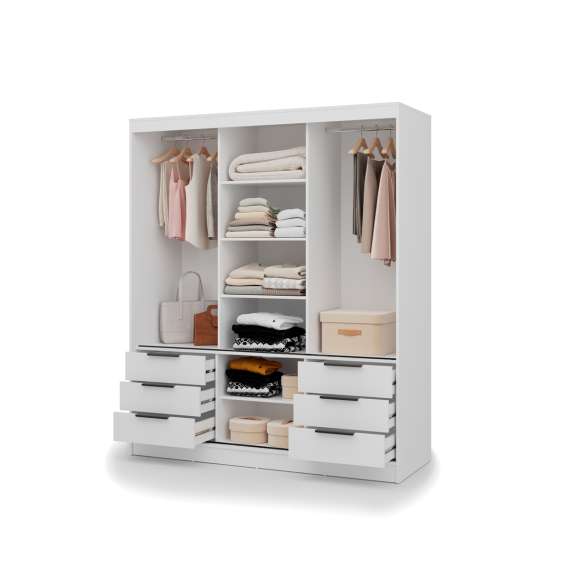 Garderobeskap VIRA 180x215 cm - hvit matt - skyvedører - 6 skuffer