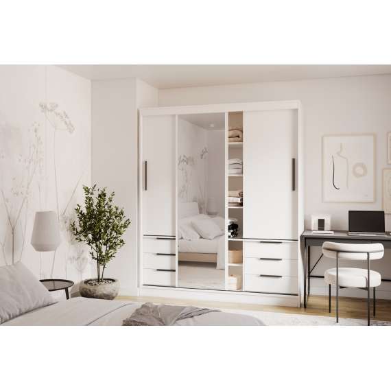 Garderobeskap VIRA 180x215 cm - hvit matt - skyvedører - 6 skuffer