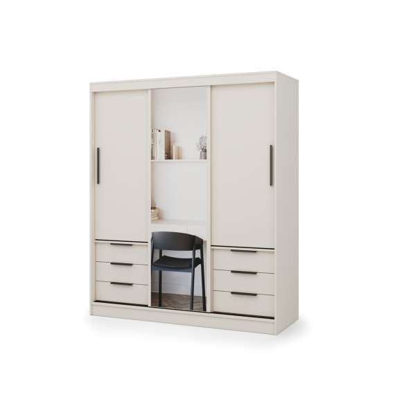 Garderobeskap VIRA 180x215 cm - beige sand matt - skyvedører - 6 skuffer