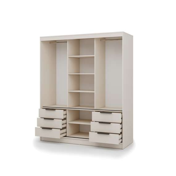 Garderobeskap VIRA 180x215 cm - beige sand matt - skyvedører - 6 skuffer