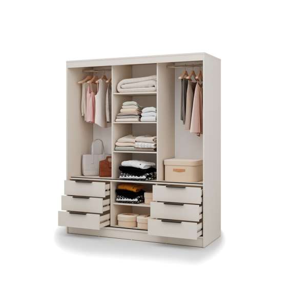 Garderobeskap VIRA 180x215 cm - beige sand matt - skyvedører - 6 skuffer