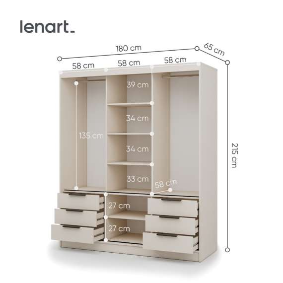 Garderobeskap VIRA 180x215 cm - beige sand matt - skyvedører - 6 skuffer