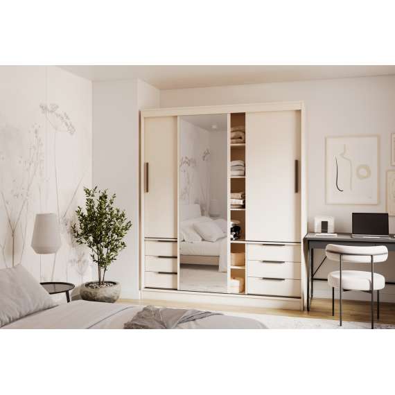 Garderobeskap VIRA 180x215 cm - beige sand matt - skyvedører - 6 skuffer