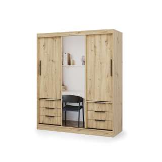 Garderobeskap VIRA 180x215 cm - eik - skyvedører - 6 skuffer