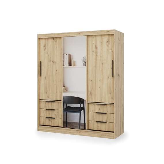 Garderobeskap VIRA 180x215 cm - eik - skyvedører - 6 skuffer