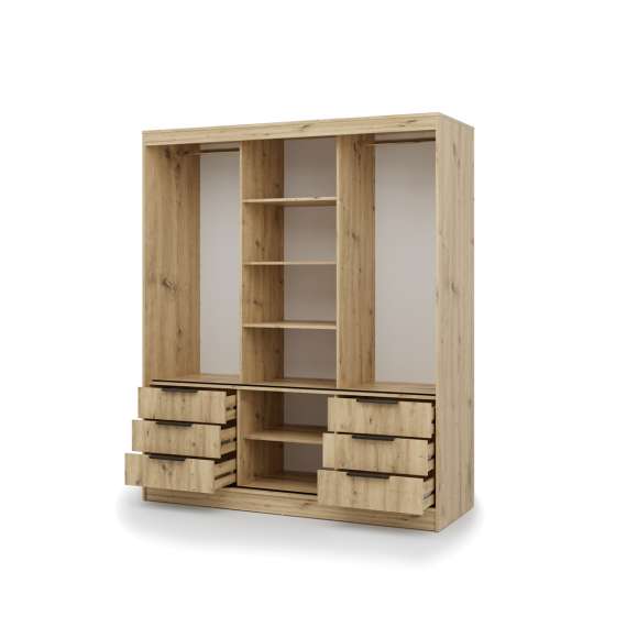 Garderobeskap VIRA 180x215 cm - eik - skyvedører - 6 skuffer