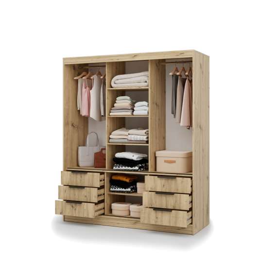 Garderobeskap VIRA 180x215 cm - eik - skyvedører - 6 skuffer