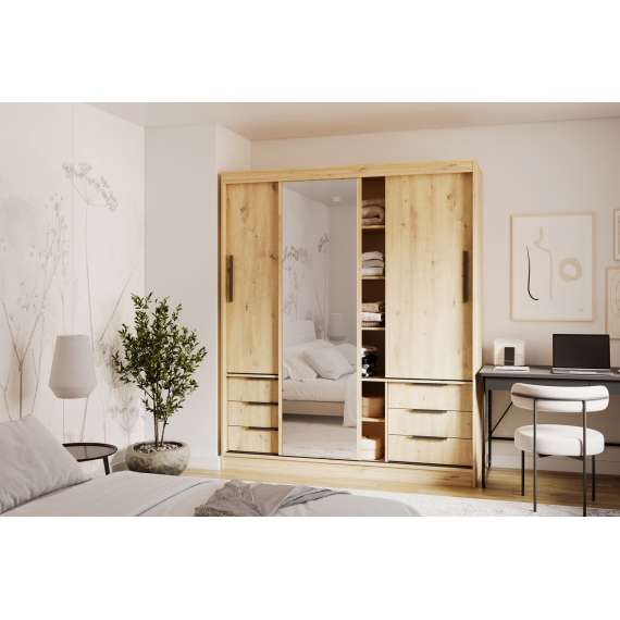 Garderobeskap VIRA 180x215 cm - eik - skyvedører - 6 skuffer