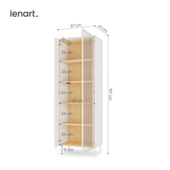 Vitrineskap LIBA 67x197 cm - hvit matt - eik - med LED lys