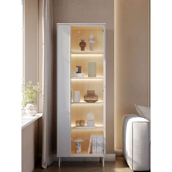 Vitrineskap LIBA 67x197 cm - hvit matt - eik - med LED lys
