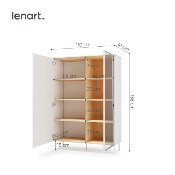 Vitrineskap LIBA 110x156 cm - hvit matt - eik - med LED lys