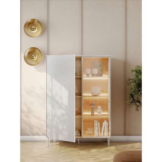 Vitrineskap LIBA 110x156 cm - hvit matt - eik - med LED lys