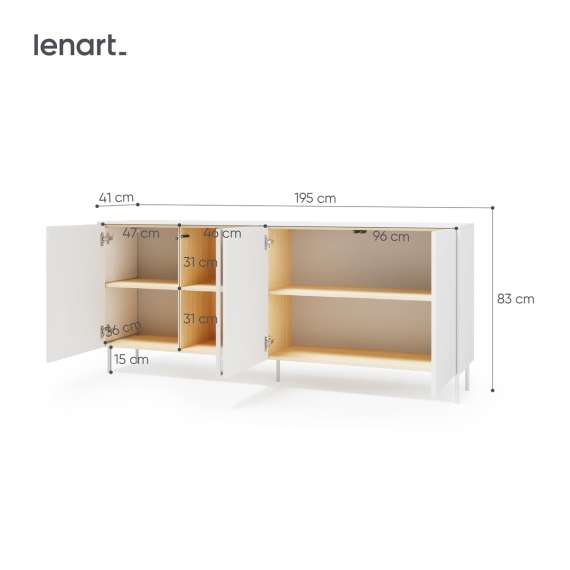 Skjenk LIBA 195x83 cm - hvit matt - eik - med LED lys
