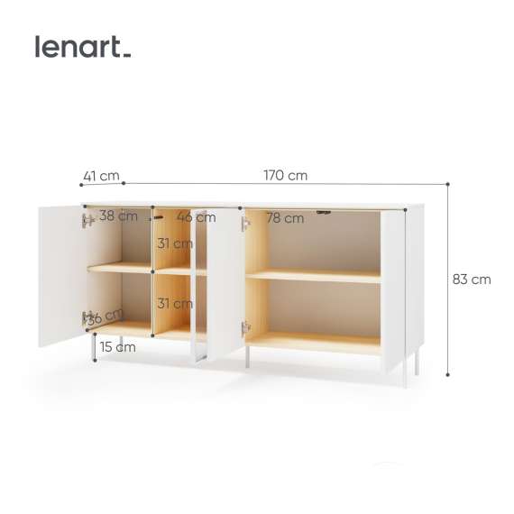 Skjenk LIBA 170x83 cm - hvit matt - eik - med LED lys