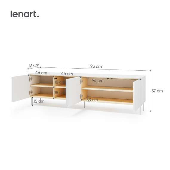 Tv-benk LIBA 195x57 cm - hvit matt - eik - med LED lys