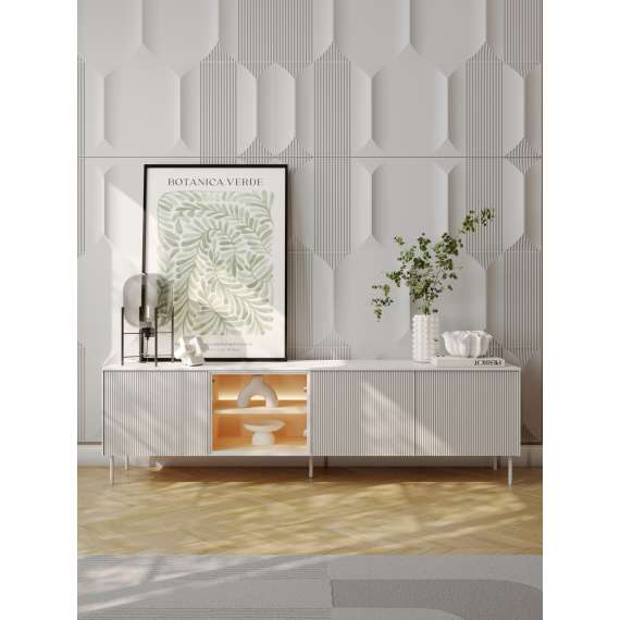 Tv-benk LIBA 195x57 cm - hvit matt - eik - med LED lys